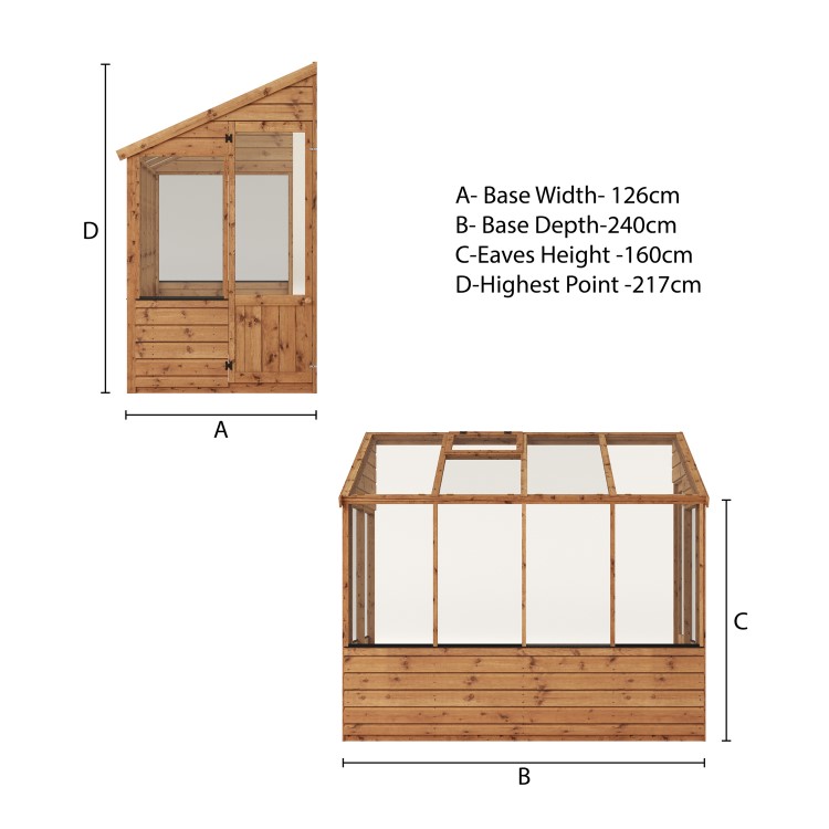 8 x 4ft Wooden Traditional Lean Too Greenhouse - Mercia 