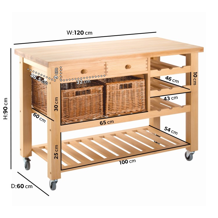 Wooden Kitchen Storage Trolley with Wine Rack - Lambourn