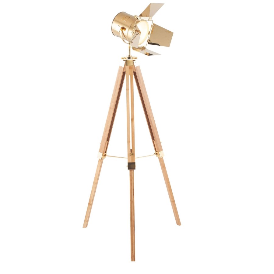 Wooden Tripod Floor Lamp with Gold Detailing - Hereford