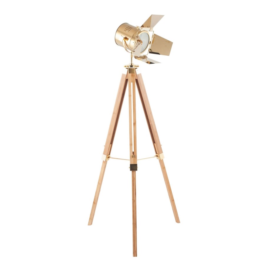 Wooden Tripod Floor Lamp with Gold Detailing - Hereford
