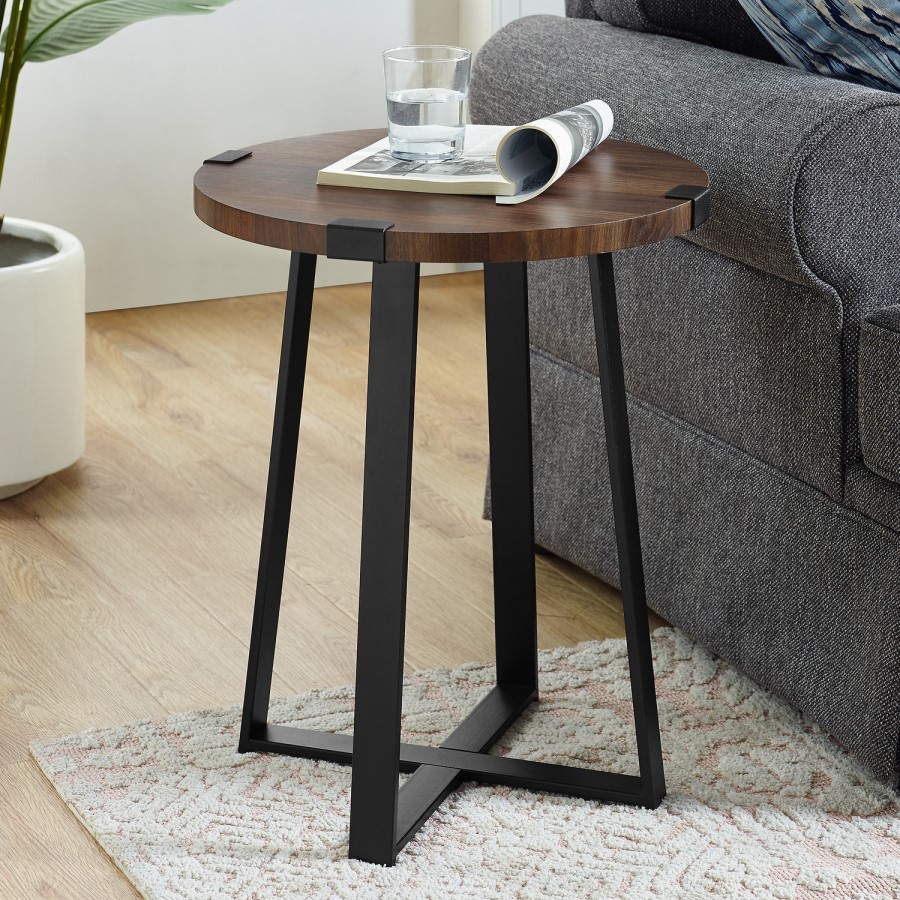 Round Walnut Side Table with Black Legs - Foster