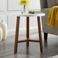 Round White Marble Side Table with Wood Legs - Foster