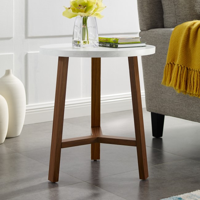 Round White Marble Side Table with Wood Legs - Foster