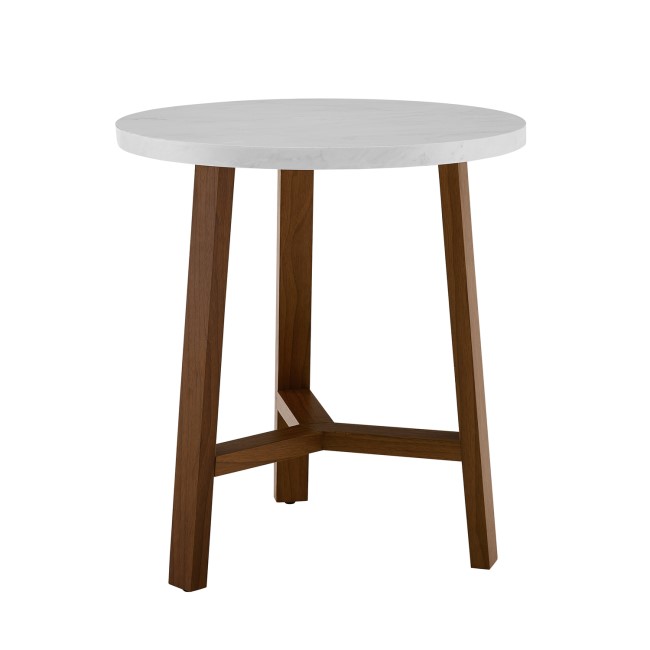 Round White Marble Side Table with Wood Legs - Foster