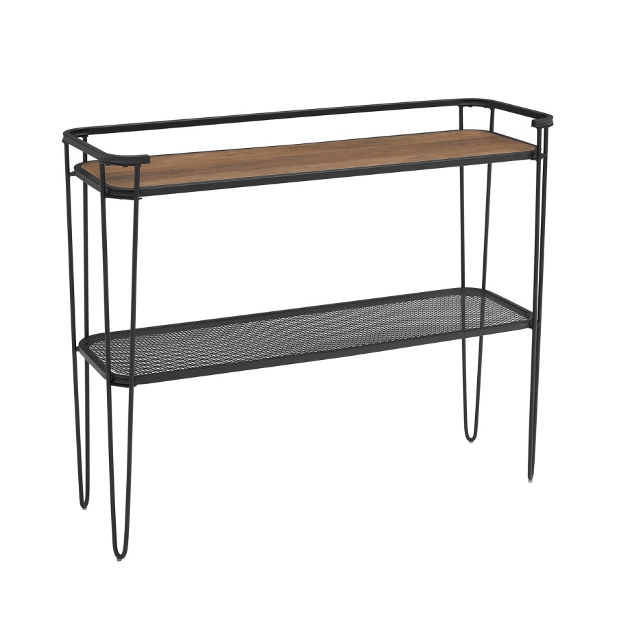 Small Black Metal and Oak Console Table with Shelf - Foster