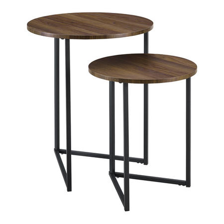 Round Walnut Nest of 2 Side Tables with Black Legs - Foster