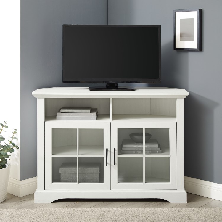 White and Glass Corner TV Unit with Storage - TVs up to 50" - Foster 