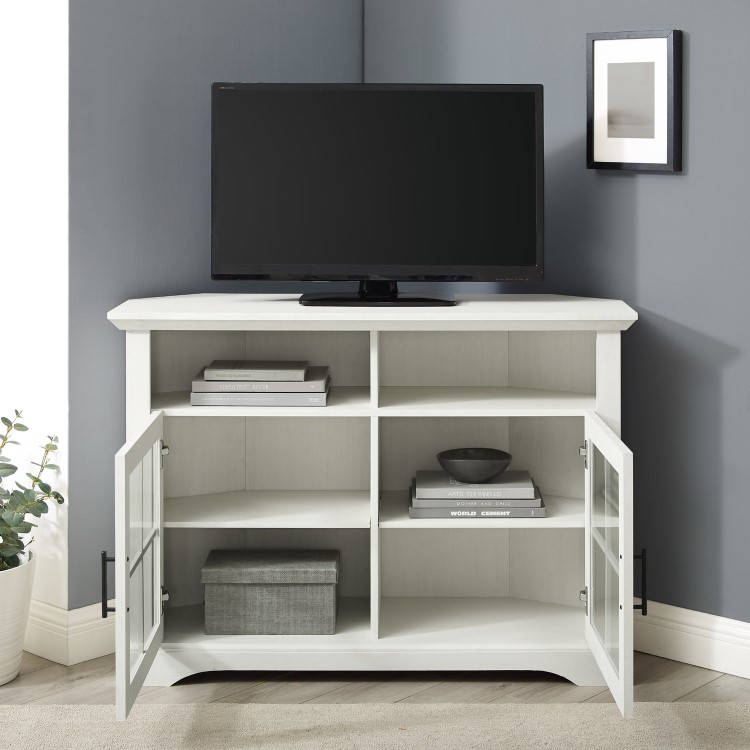 White and Glass Corner TV Unit with Storage - TVs up to 50" - Foster 