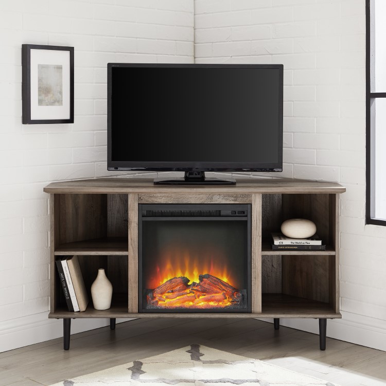 Grey Wood Corner TV Unit with Fireplace and Storage - TVs up to 55" - Foster