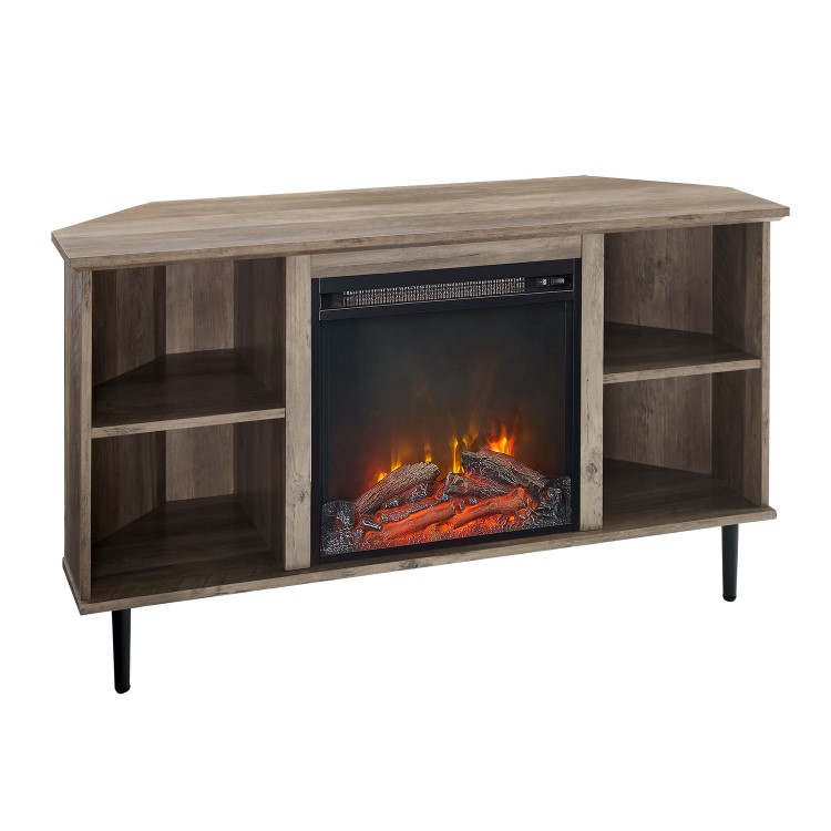 Grey Wood Corner TV Unit with Fireplace and Storage - TVs up to 55" - Foster