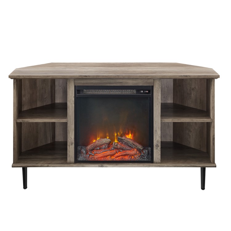 Grey Wood Corner TV Unit with Fireplace and Storage - TVs up to 55" - Foster