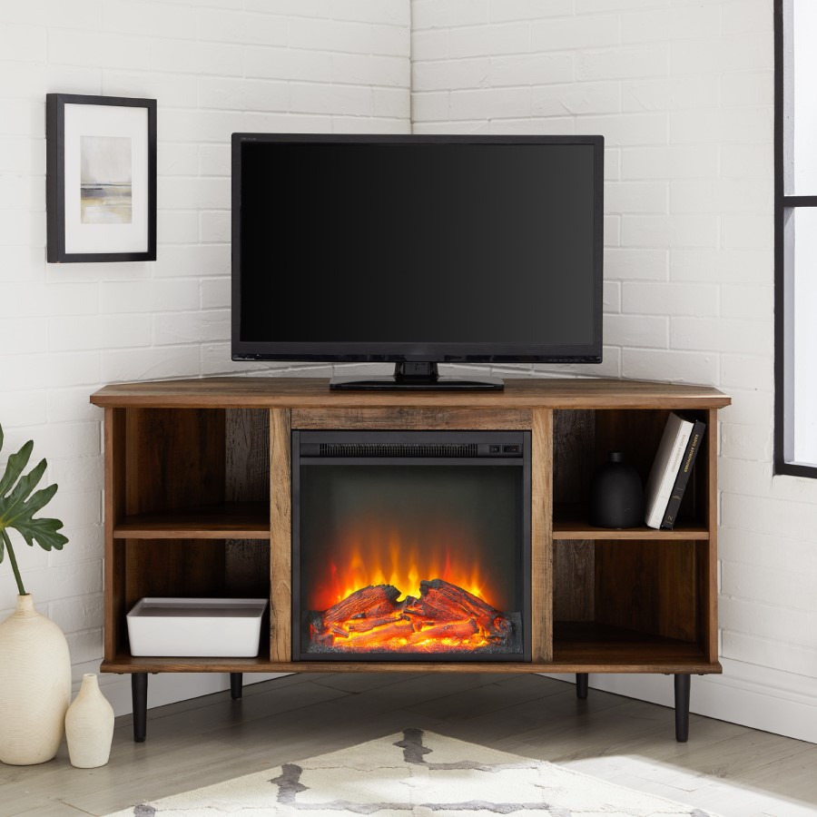Dark Wood Corner TV Unit with Fireplace and Storage - TVs up to 55" - Foster