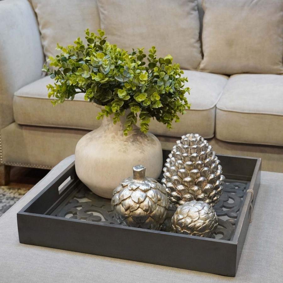 Grey Square Carved Wooden Tray 