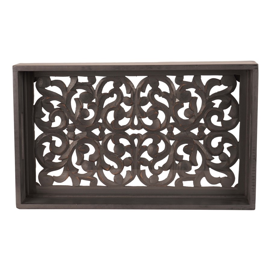Rectangle Grey Carved Wooden Tray 