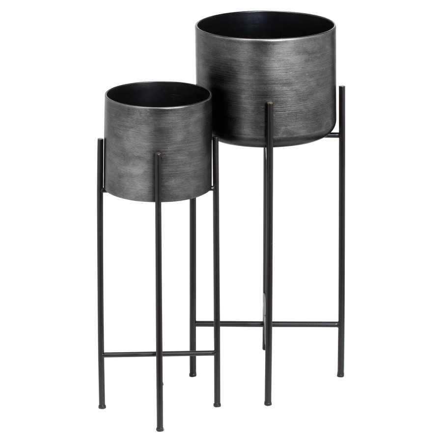 Two Grey Metallic Planters On Stands 