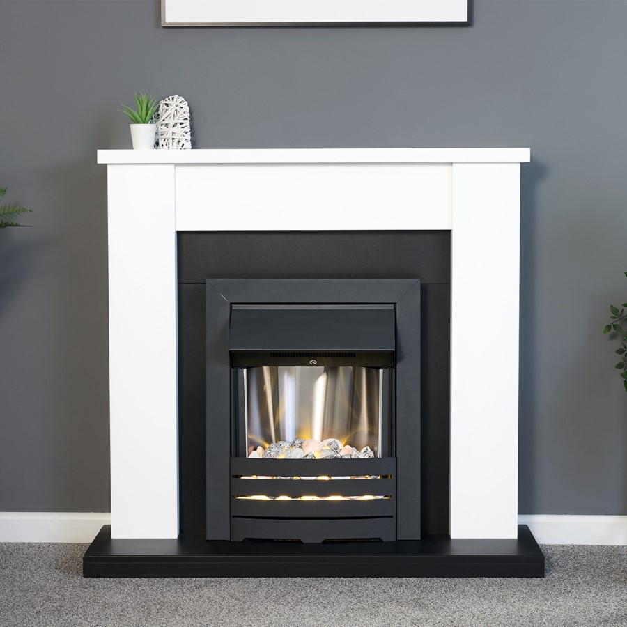 Adam Fireplace in Black and White with Helios Electric Fire in Brushed Steel 39 Inch - Solus