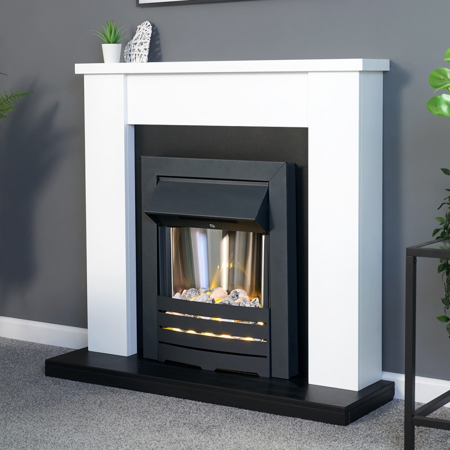 Adam Fireplace in Black and White with Helios Electric Fire in Brushed Steel 39 Inch - Solus