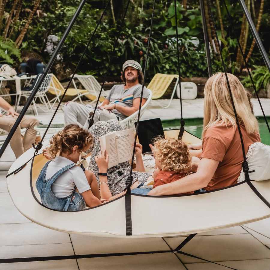 Hangout Pod Cream & Black Circular Hammock Bed with Stand