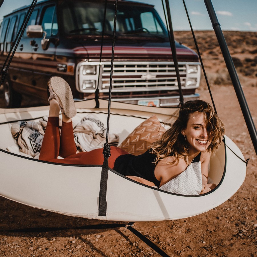 Hangout Pod Cream & Black Circular Hammock Bed with Stand