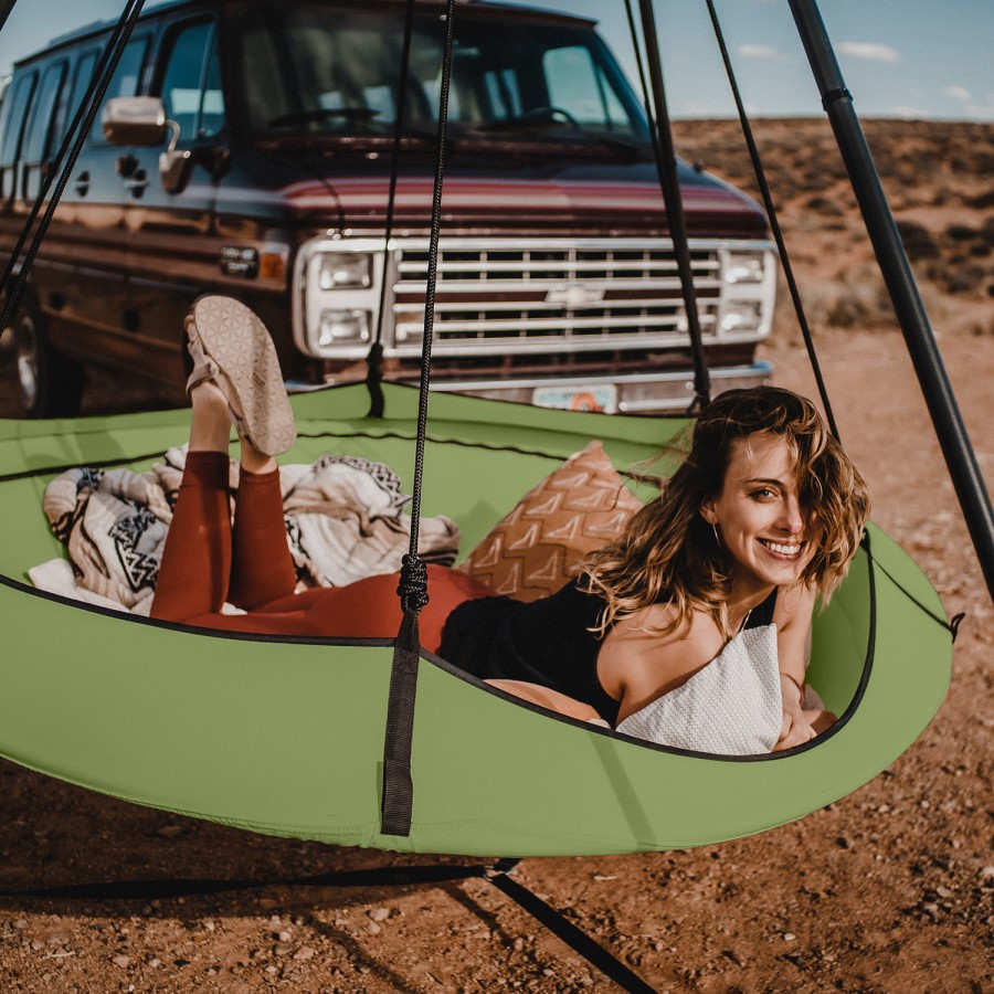 Hangout Pod Sage Green & Black Circular Hammock Bed with Stand