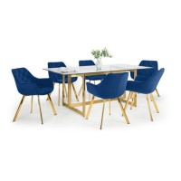 Large Glass Top Dining Table with 6 Navy Velvet Tub Dining Chairs - Lorenzo
