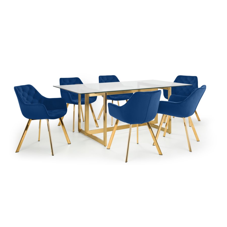 Large Glass Top Dining Table with 6 Navy Velvet Tub Dining Chairs - Lorenzo