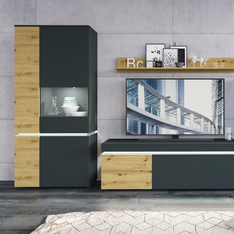 Dark Grey and Oak TV Unit with Storage & LEDs - Luci