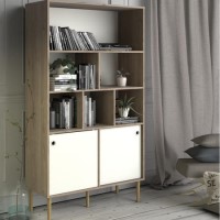 Tall White and Oak Bookcase with Sliding Doors - Rome