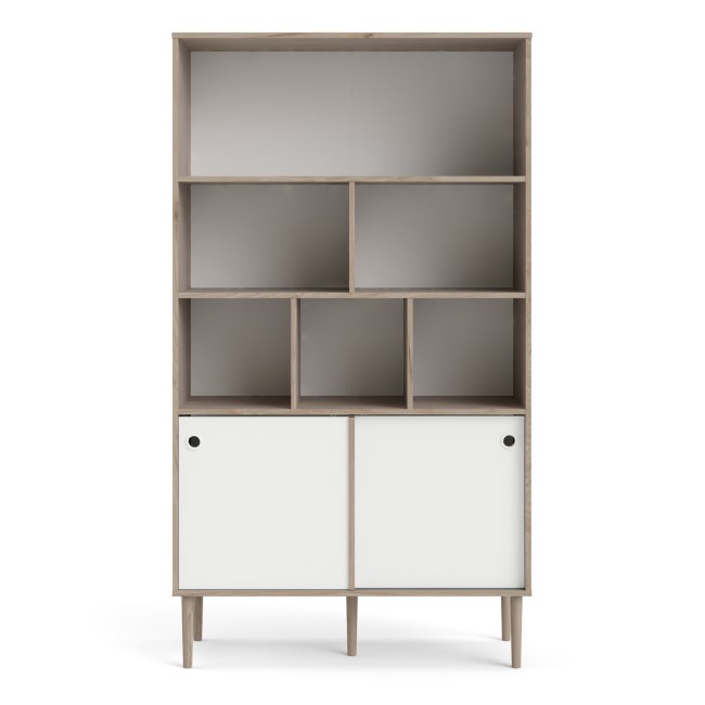 Tall White and Oak Bookcase with Sliding Doors - Rome