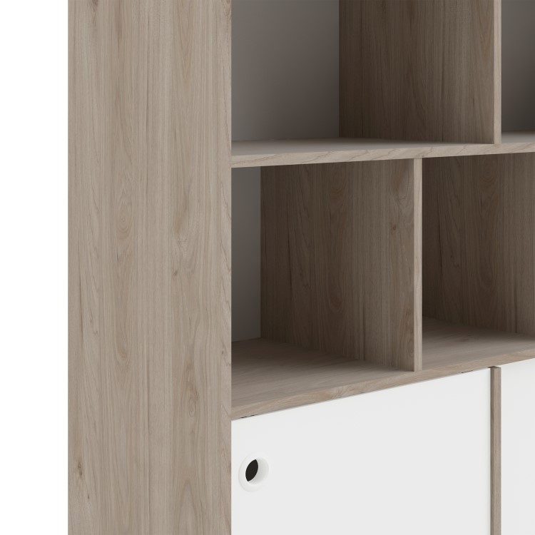 Tall White and Oak Bookcase with Sliding Doors - Rome