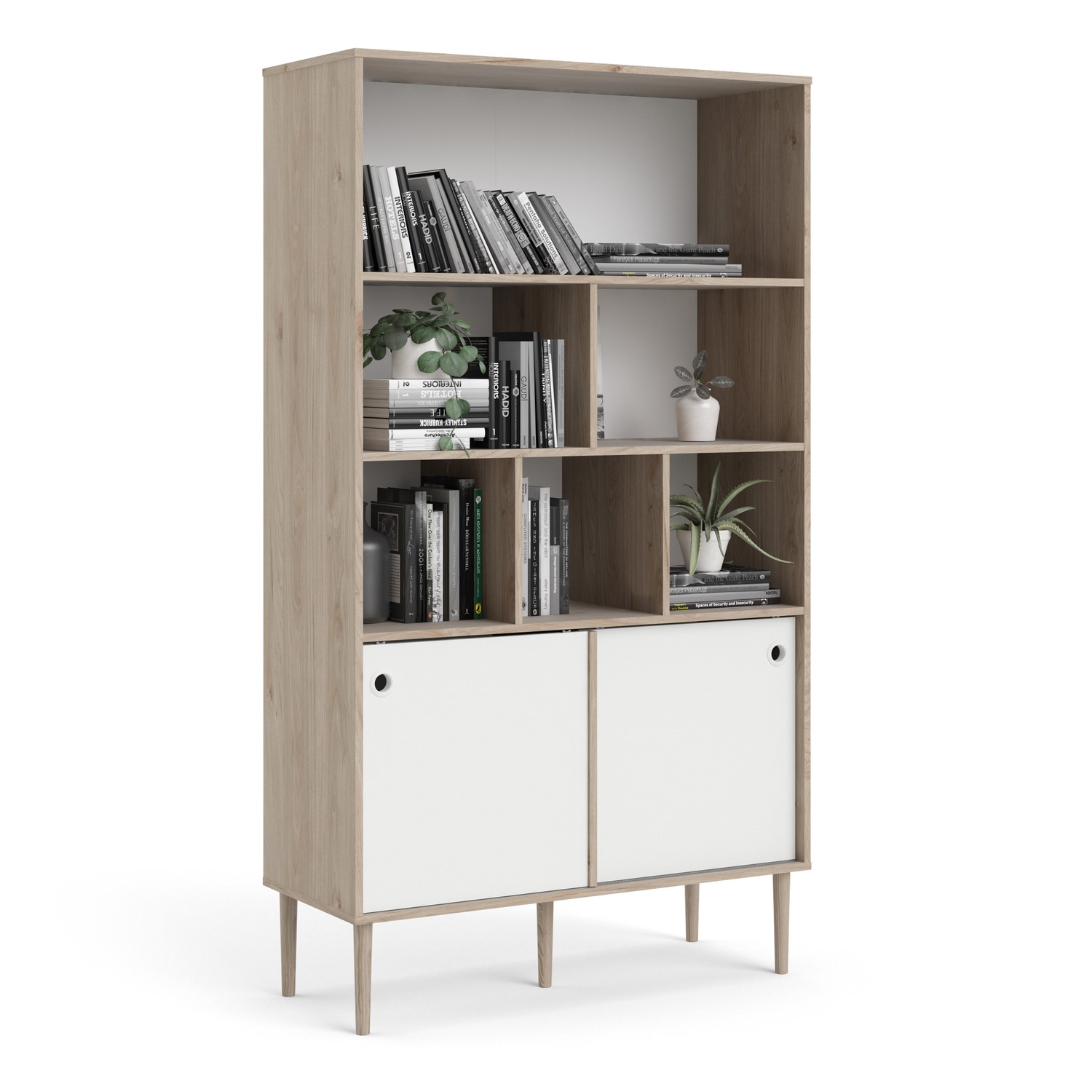 Tall White and Oak Bookcase with Sliding Doors - Rome - Furniture123