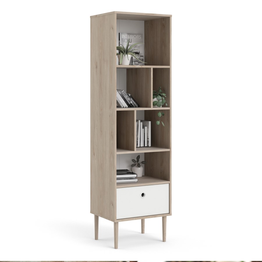 Rome Matte Whitte Bookcase with 1 Drawer with Jackson Hickory Oak Detail