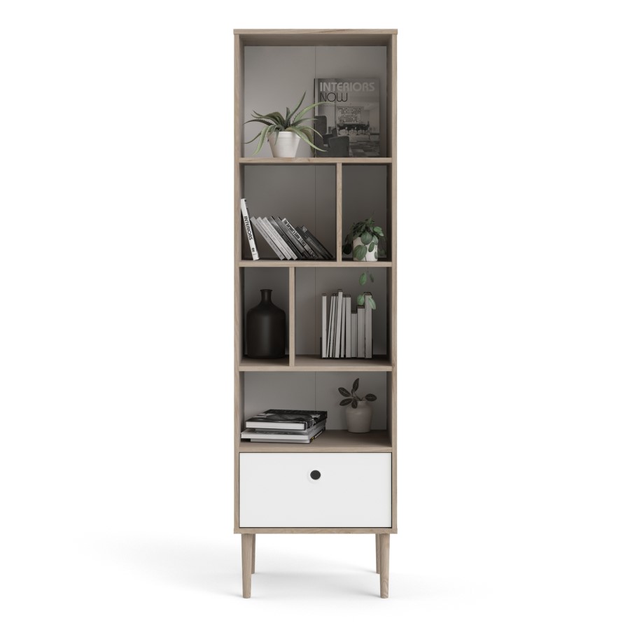Rome Matte Whitte Bookcase with 1 Drawer with Jackson Hickory Oak Detail