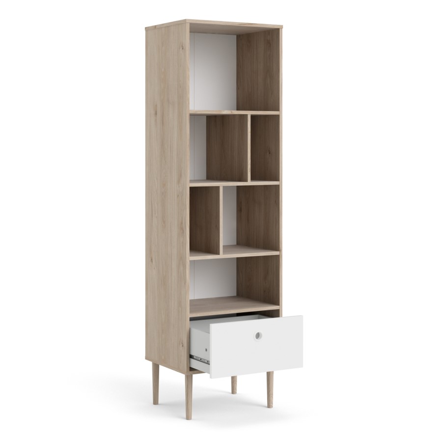 Rome Matte Whitte Bookcase with 1 Drawer with Jackson Hickory Oak Detail