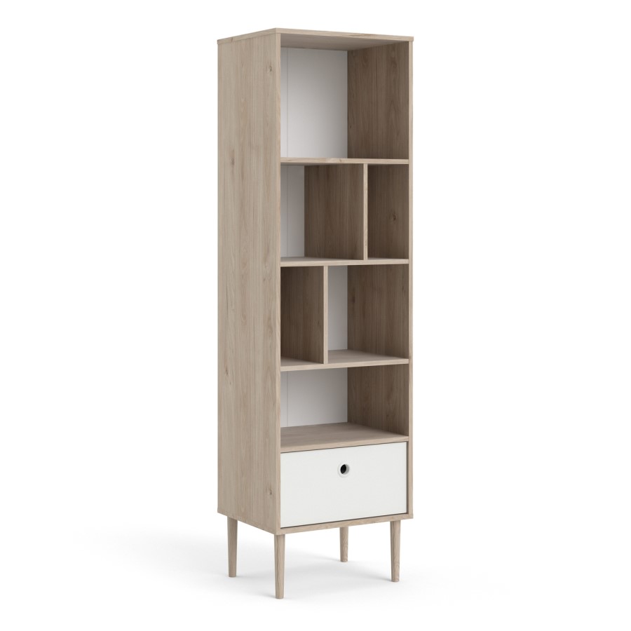 Rome Matte Whitte Bookcase with 1 Drawer with Jackson Hickory Oak Detail