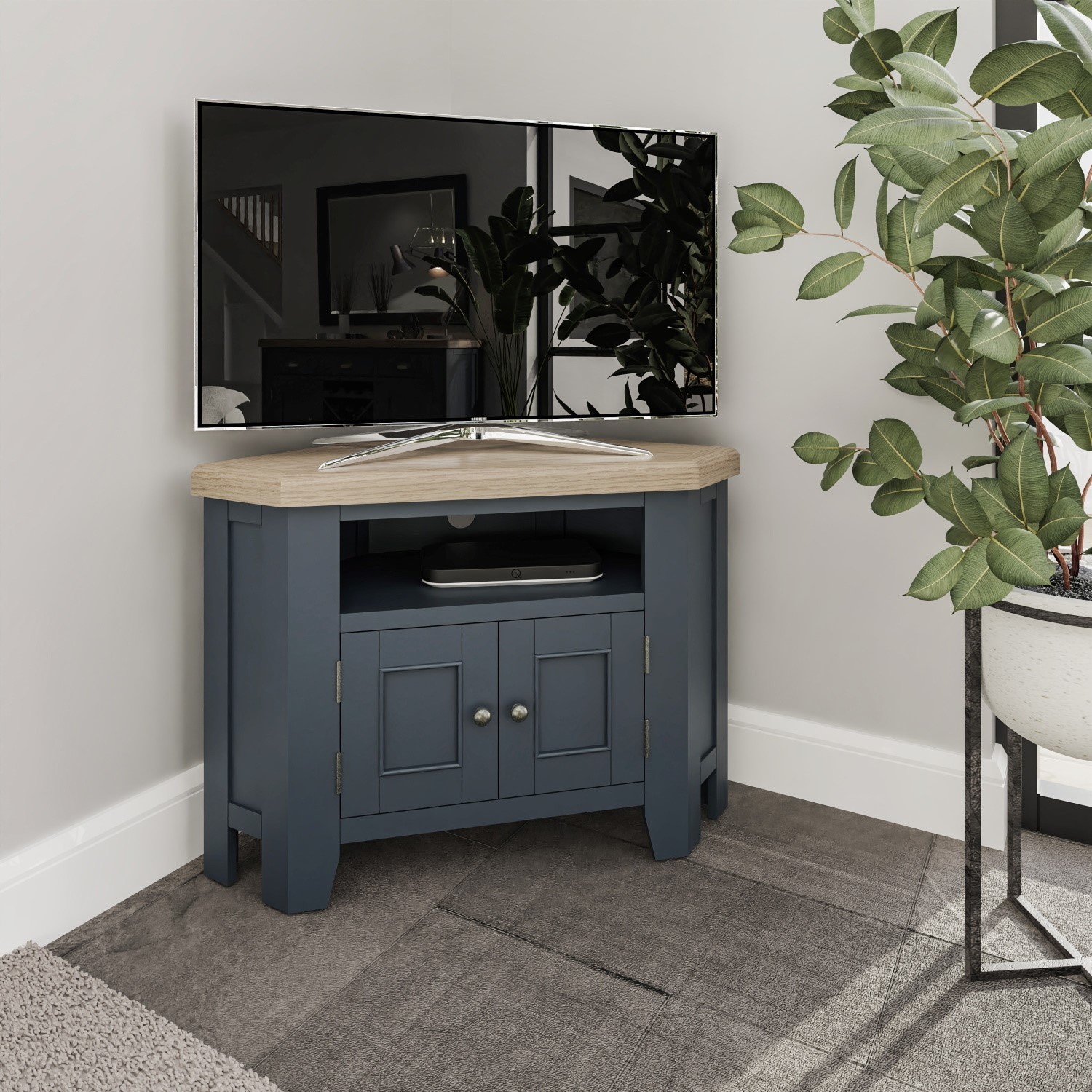 Photo of Navy solid oak corner tv stand with storage - tvs up to 43 - pegasus