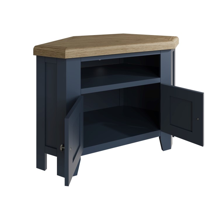 Navy Solid Oak Corner TV Stand with Storage - TV's up to 43" - Pegasus