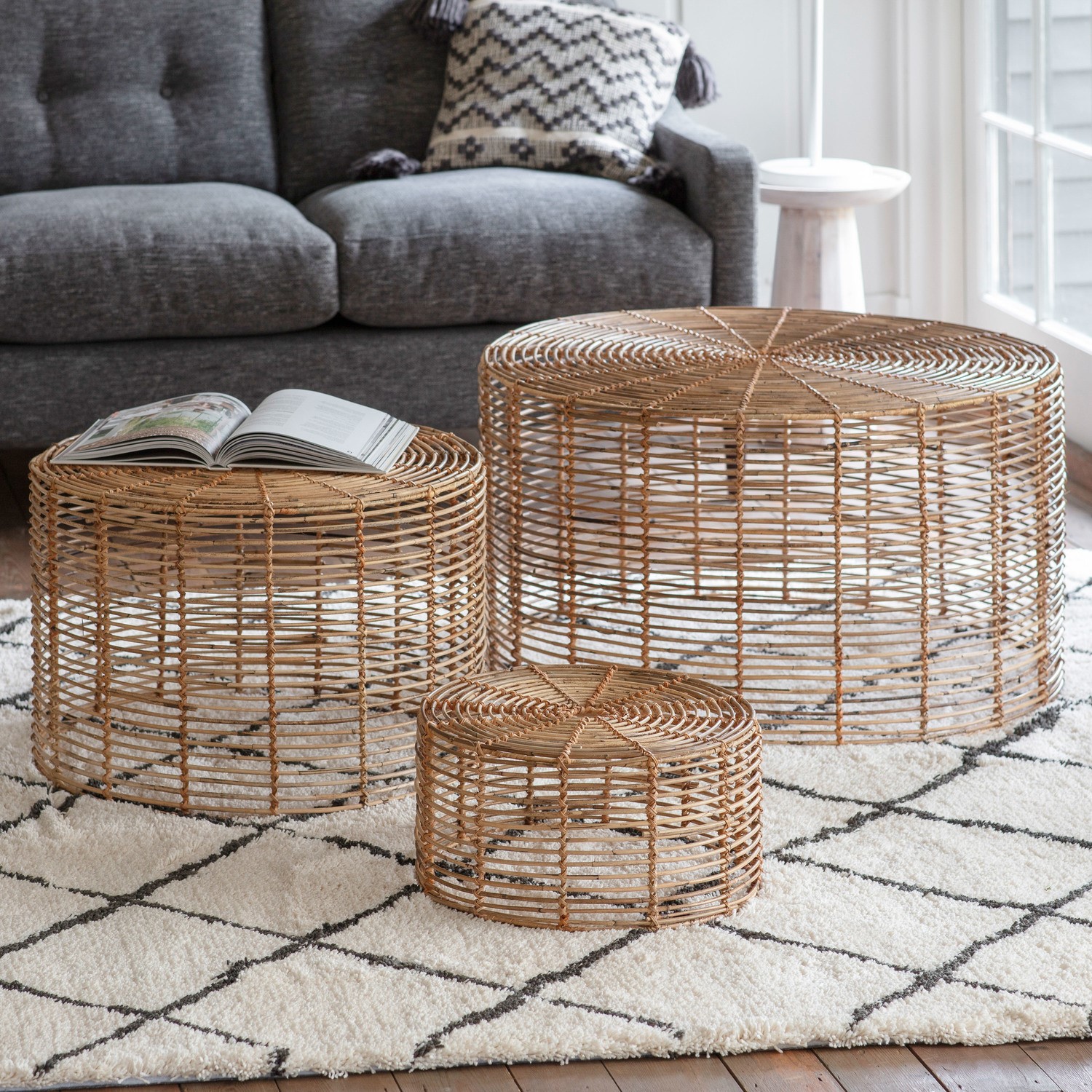 Small Brown Rattan Round Nest of 3 Coffee Tables - Caspian House ...