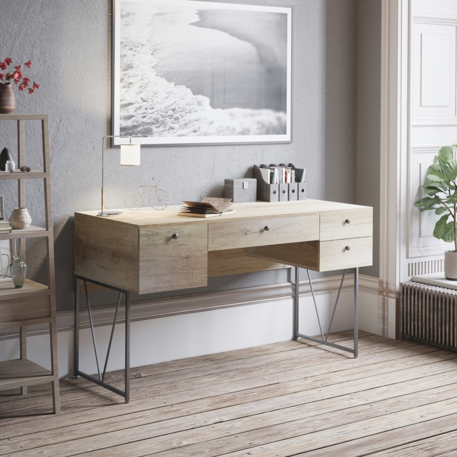 Light Oak Effect Office Desk with 5 Drawers - Denver