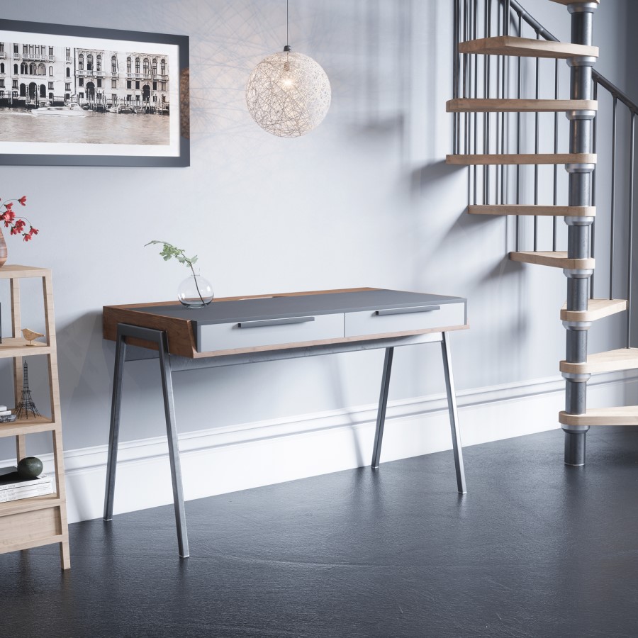 Walnut and Grey Office Desk with 2 Drawers - Denver
