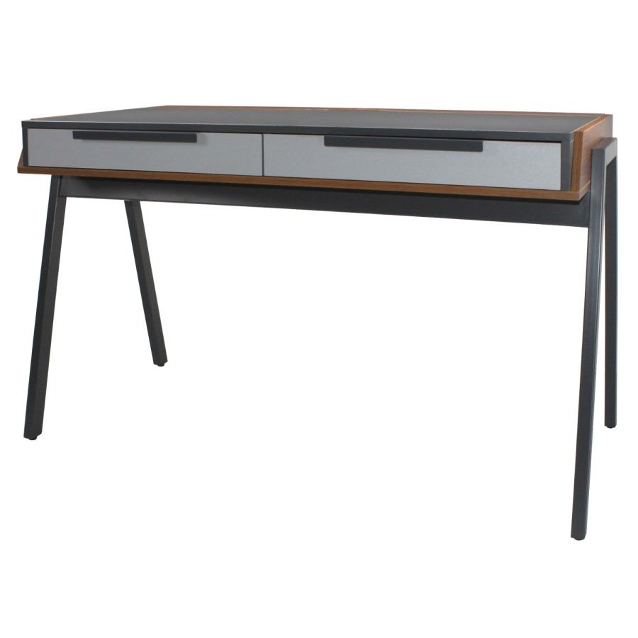 Walnut and Grey Office Desk with 2 Drawers - Denver