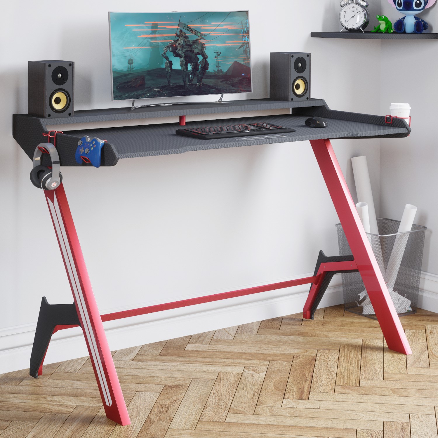 Black and Red Gaming Desk with 2 Tiers - Denver - Furniture123