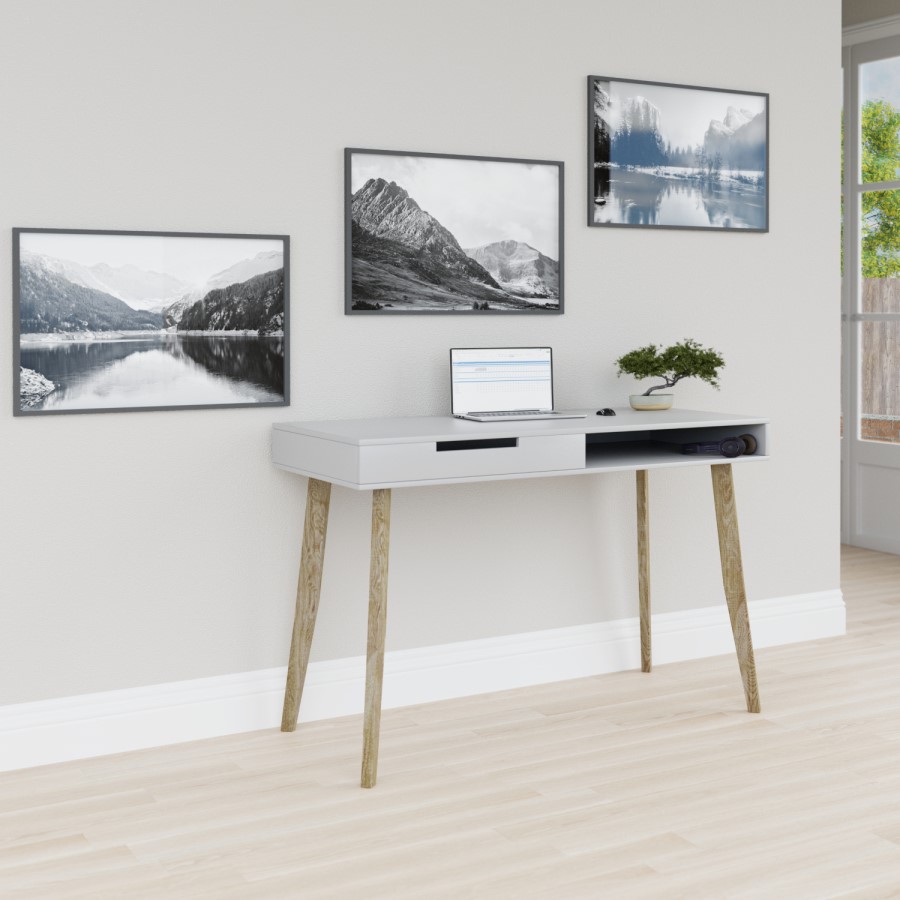 White Office Desk with Oak Effect Legs and Drawer - Denver