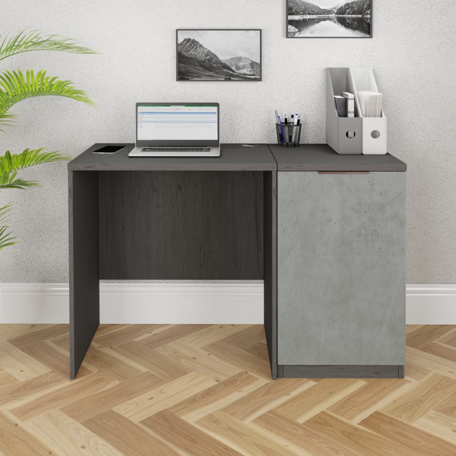 Smoked Oak Small Desk & 1 Door Cabinet Set - Denver