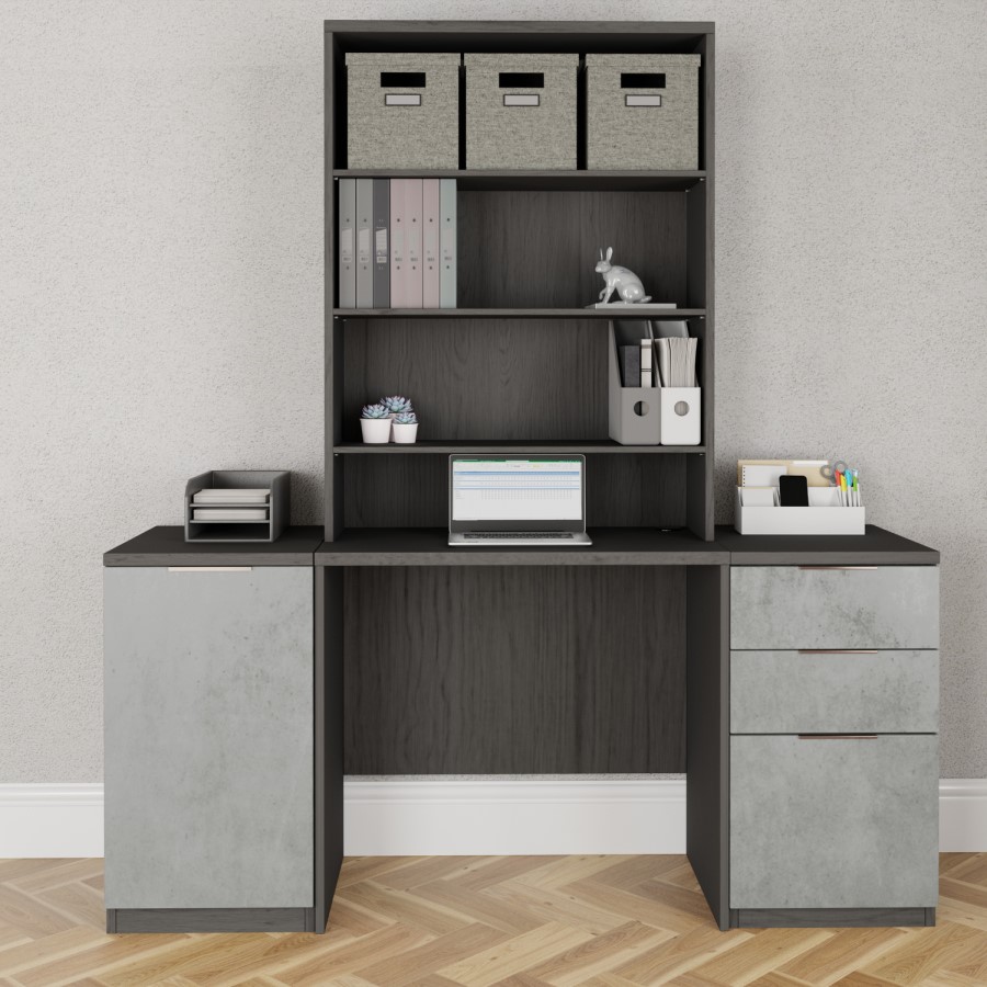 Smoked Oak Medium Desk 1 Door Cabinet Filing Cabinet & Wide Bookcase Set - Denver