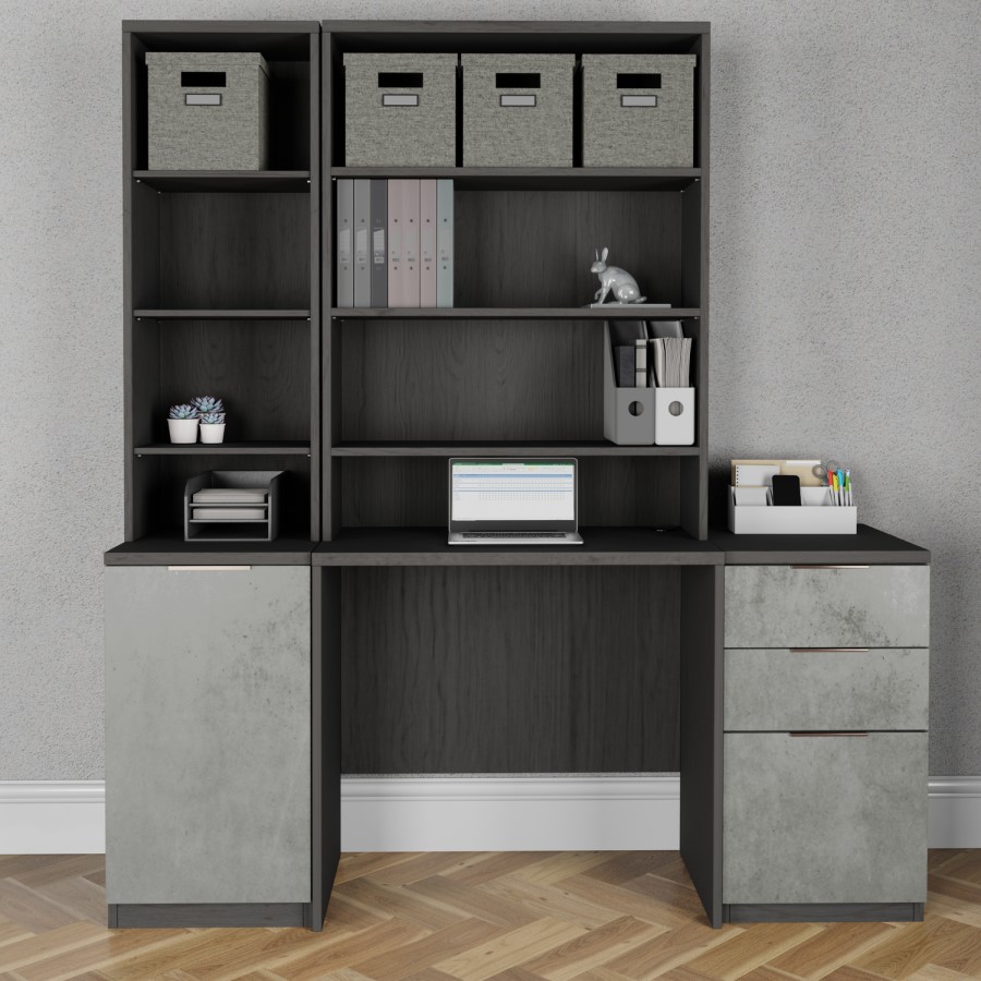 Smoked Oak Medium Desk 1 Door Cabinet Filing Cabinet & 2 Bookcase Set - Denver