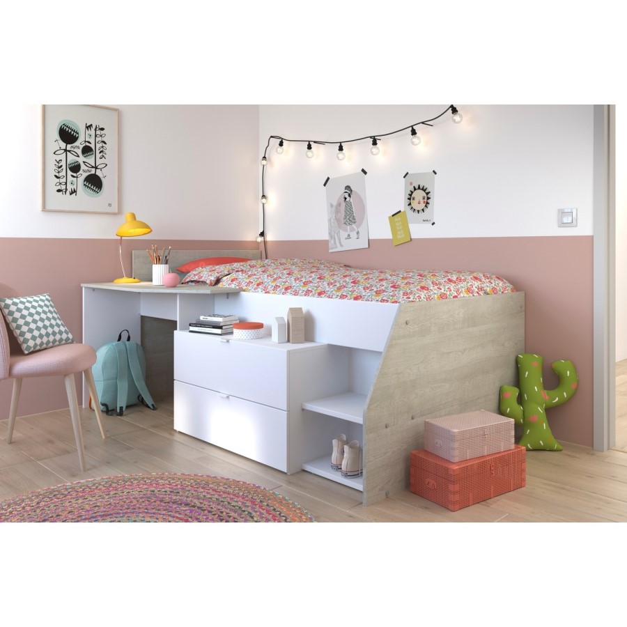 White Mid Sleeper Bed with Desk and 2 Drawers - Kids Avenue