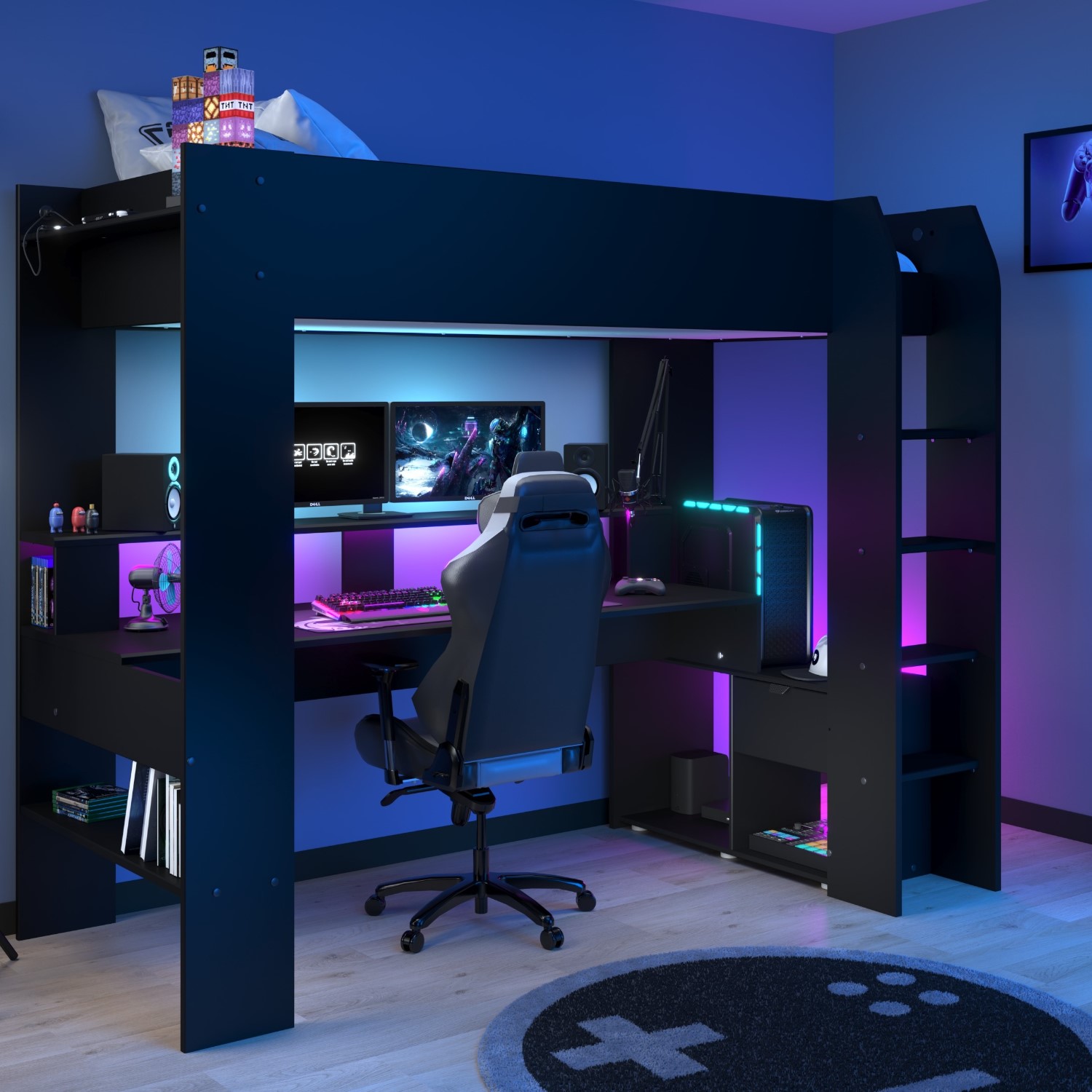 Photo of High sleeper gaming bed with desk in black - online - kids avenue