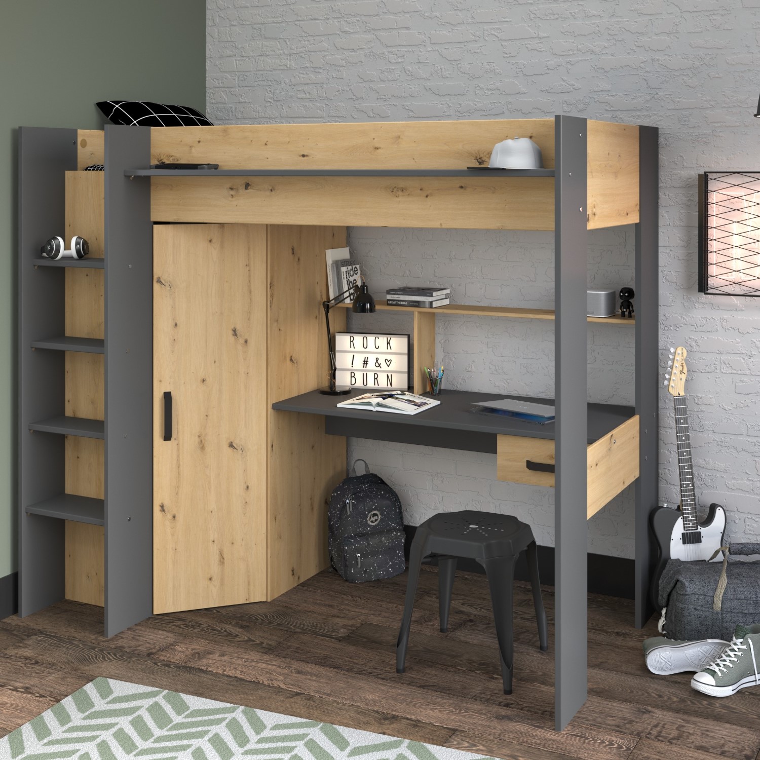 Photo of High sleeper loft bed with desk and wardrobe in oak and grey - grayson - kids avenue