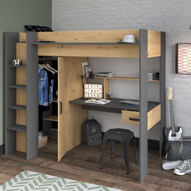 High Sleeper Loft Bed with Desk and Wardrobe in Oak and Grey - Grayson - Kids Avenue